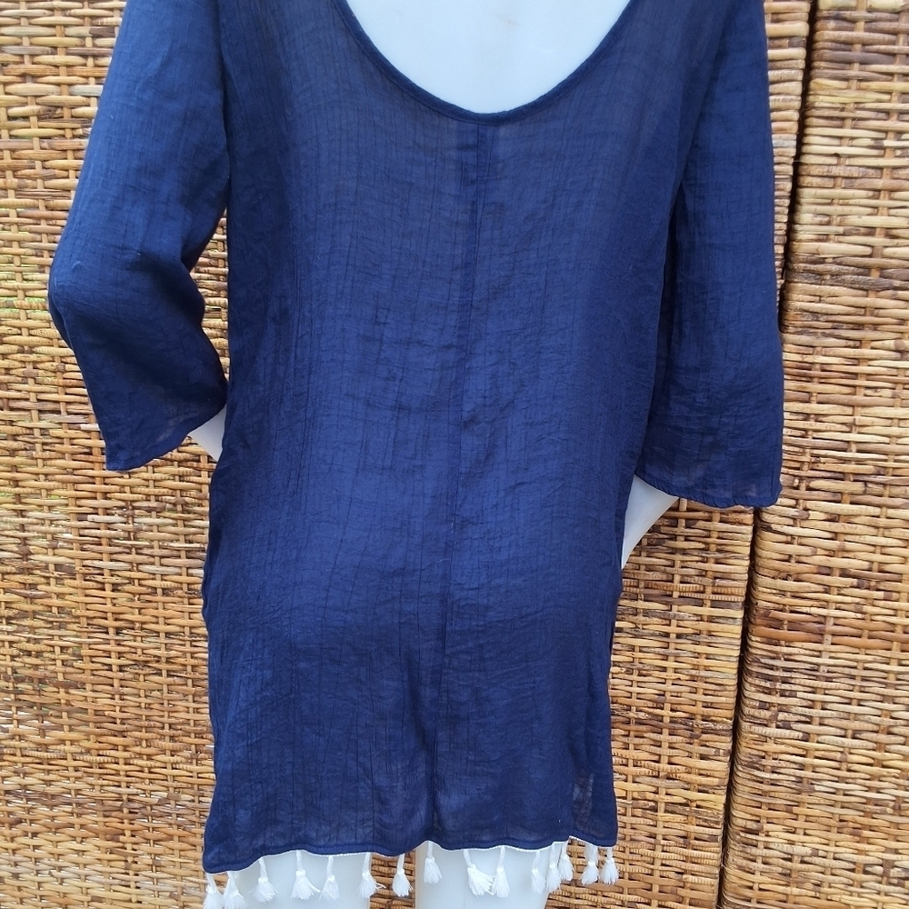 Kona Sol Deep Blue Gauzy Tunic with Elegant Embroidy Swim Cover Up M - Picture 7 of 15